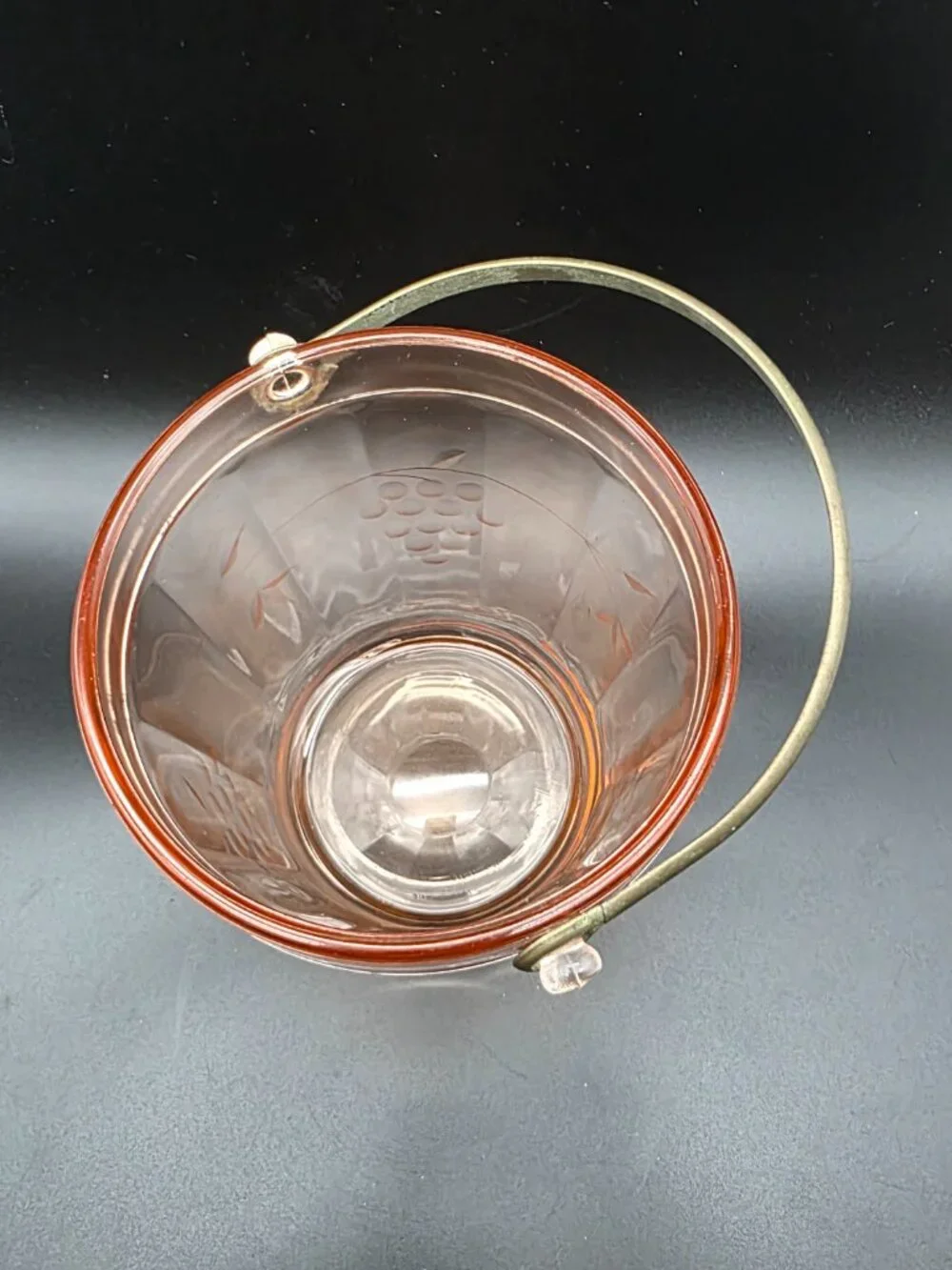 Pink Depression Glass Ice Bucket w/ Handle Etched Flower Dot Paneled Sides grape